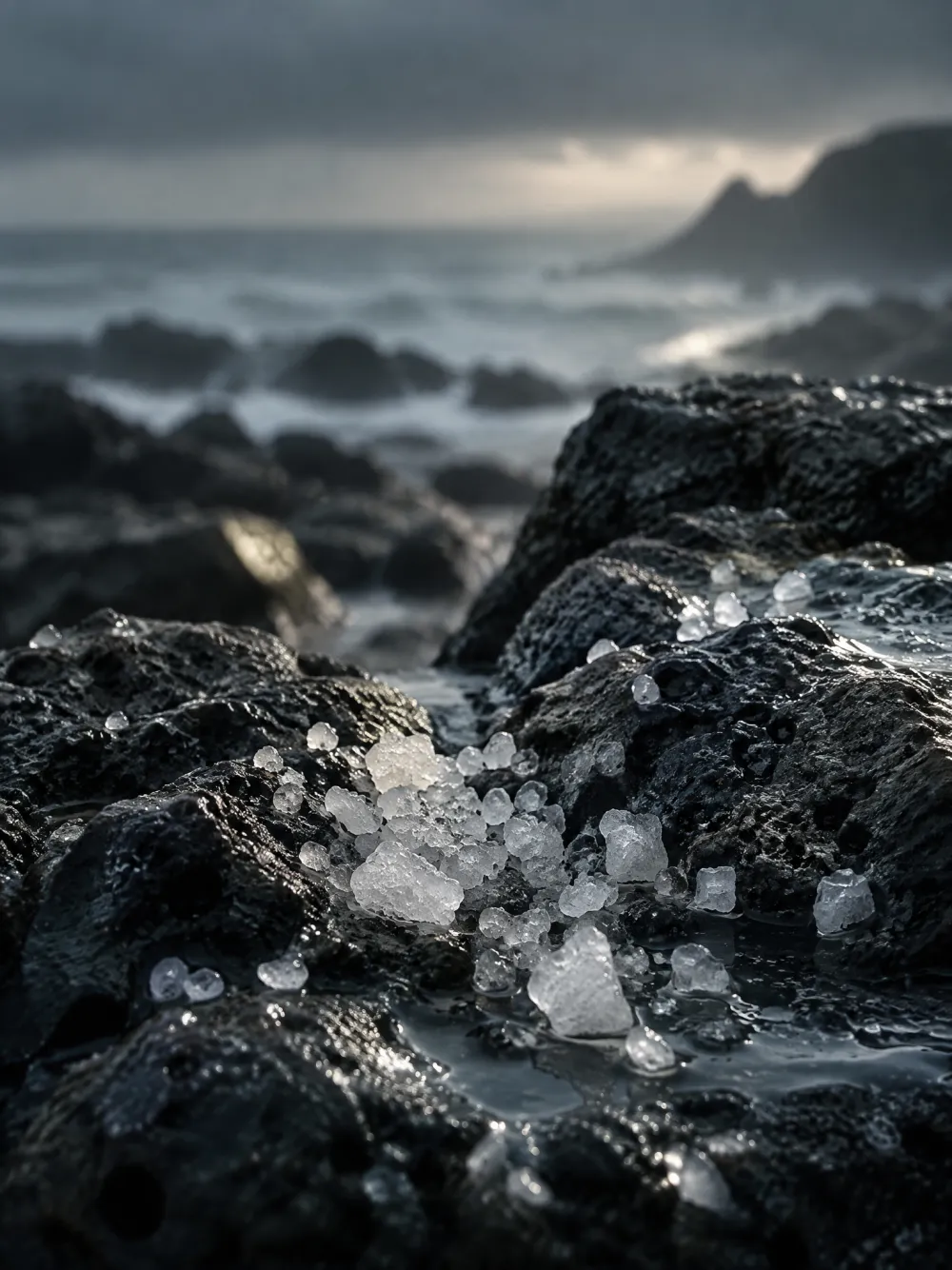 Coarse sea salt crystals caught in the pits of wet black basalt.