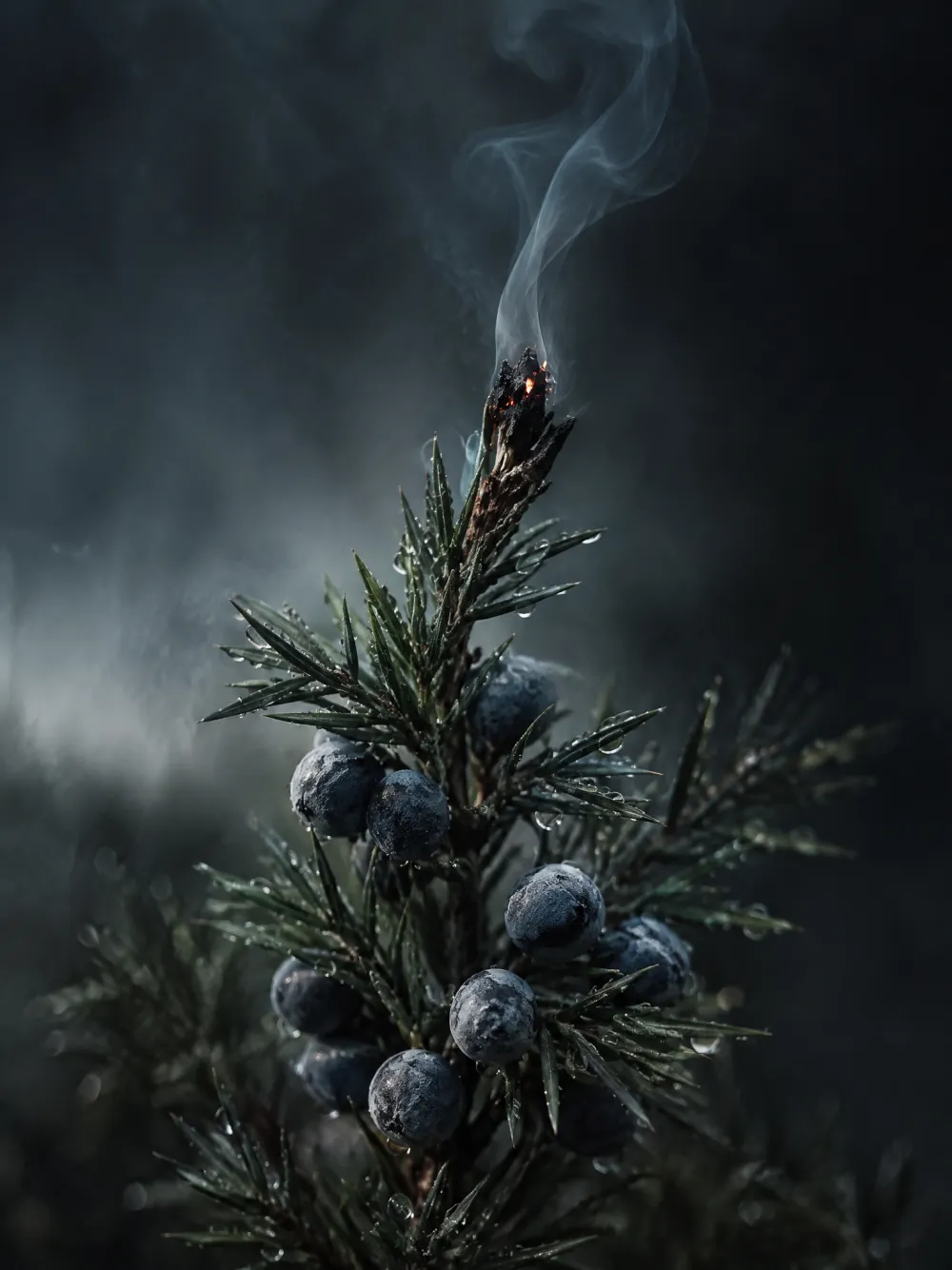A juniper sprig with blue berries, its tip smouldering into a thin ribbon of smoke.