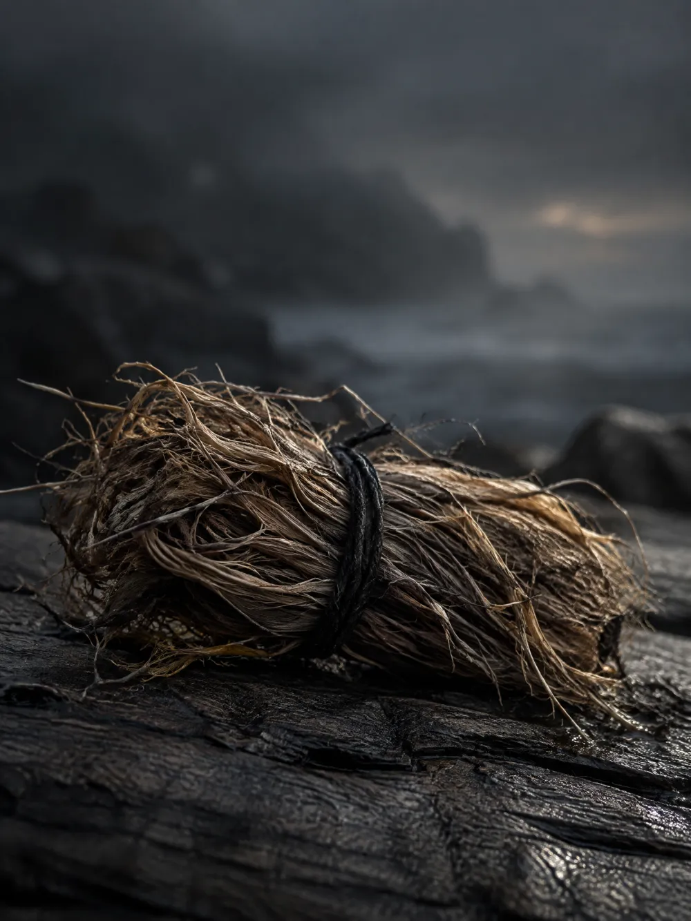 A bundle of dried vetiver roots tied with black cord on weathered cedar.