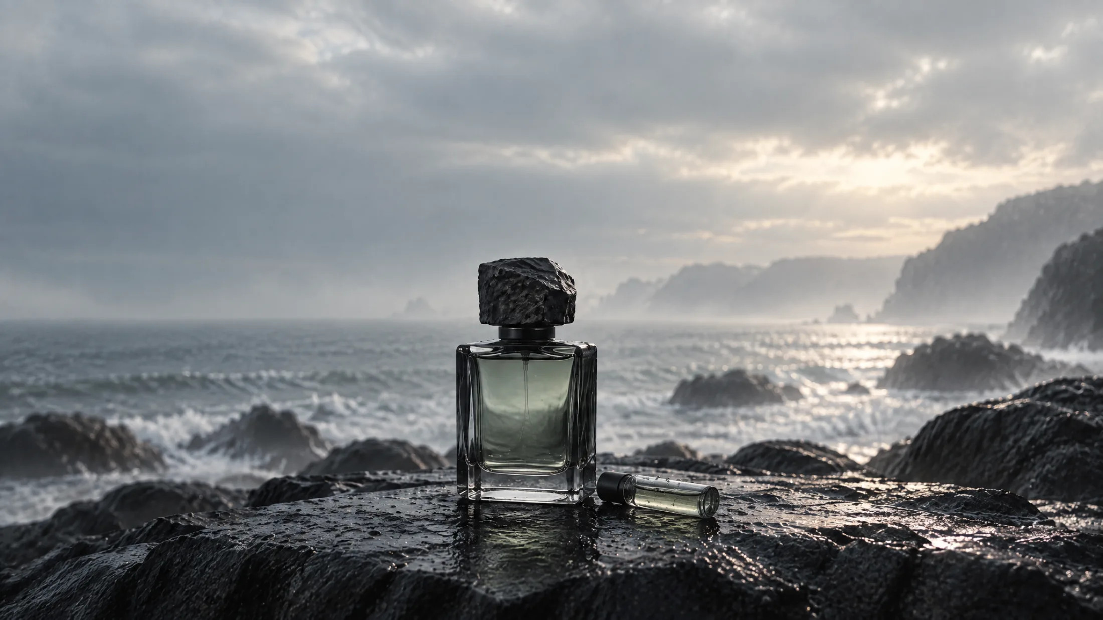 The Brume bottle on wet basalt at the sea's edge, a small sample vial lying beside it as the mist lifts.